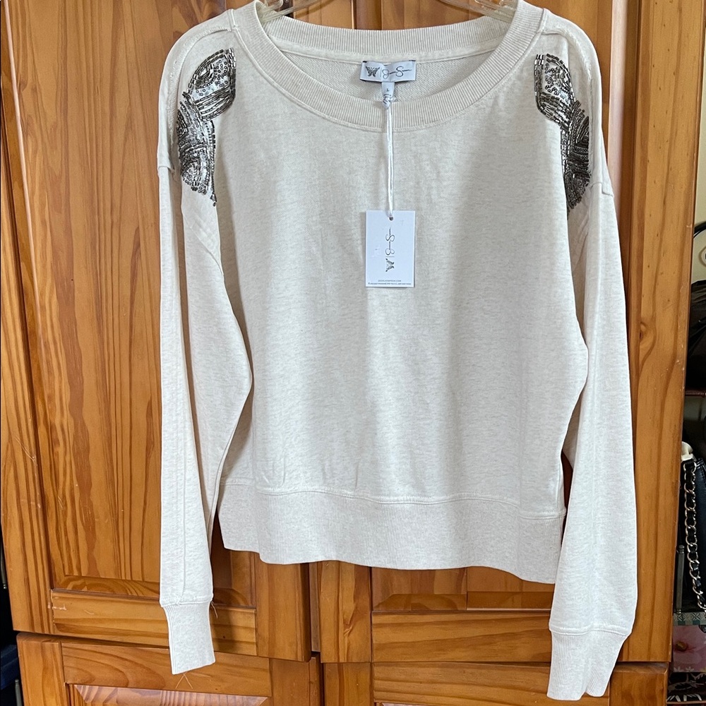 Jessica Simpson Cream Scoop Neck Sweater with Embellished Shoulders